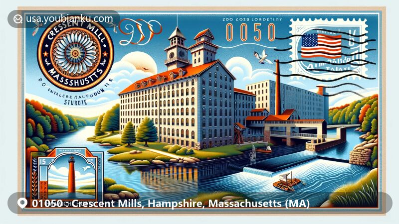 Modern illustration of Crescent Mills, Hampshire County, Massachusetts, with postal theme showcasing historic Crescent Mill, Connecticut River, Massachusetts state flag, and classic postal design elements with ZIP code 01050.