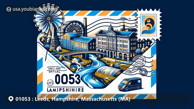 Modern illustration of Leeds, Hampshire County, Massachusetts, featuring postal theme with ZIP code 01053, showcasing landmarks like Corticelli Silk Mill, historic Hotel Bridge, and Mill River.