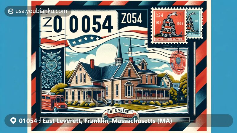 Modern illustration of East Leverett, Massachusetts, depicting historic buildings and streets with a traditional and historical ambiance, featuring Rattlesnake Gutter natural landmark and Massachusetts state flag, designed in a postcard-like style with postal elements and ZIP Code 01054.