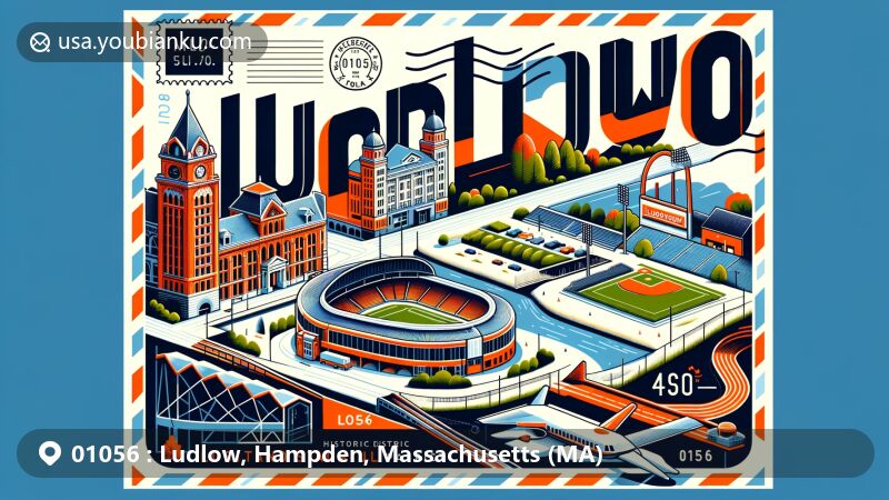Modern illustration of Ludlow, Massachusetts, displaying historic district, Lusitano Stadium, and Chicopee River, creatively integrated with postal elements like stamps and postmark, featuring ZIP code 01056.