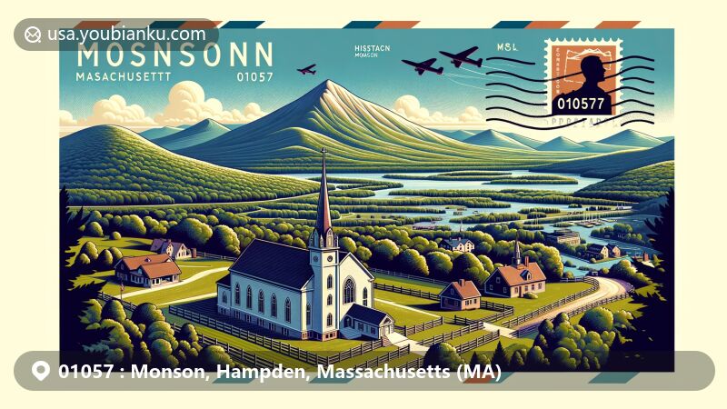 Modern illustration of Peaked Mountain in Monson, Massachusetts, featuring First Church of Monson and postal theme with ZIP code 01057, capturing the essence of the area's postal identity and natural beauty.