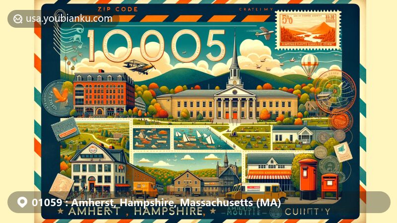 Modern illustration of Amherst, Hampshire County, Massachusetts, featuring iconic landmarks and cultural symbols like Emily Dickinson Museum, Montague Bookmill, Beneski Museum of Natural History, and Jones Library, set against Mount Holyoke Range State Park.
