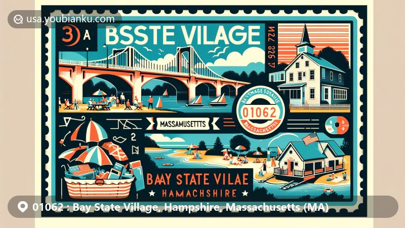 Modern illustration of Bay State Village, Hampshire, Massachusetts, showcasing vibrant community life with a summer picnic scene, featuring the Bay State Bridge over Mill River, Massachusetts state symbols, and postal theme with emphasis on ZIP code 01062.