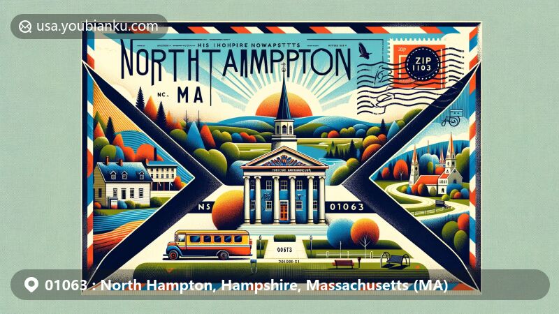 Vibrant illustration of Northampton, Hampshire County, MA, depicting postal theme with ZIP code 01063, featuring Calvin Coolidge House, Historic Northampton, Pulaski Park, and natural landscapes.