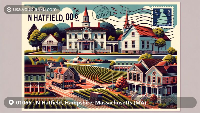 Colorful illustration of N Hatfield, Hampshire County, Massachusetts, featuring North Hatfield Historic District with Greek Revival, Italianate, and Second Empire architecture, Black Birch Vineyard, and Upper Main Street Historic District.