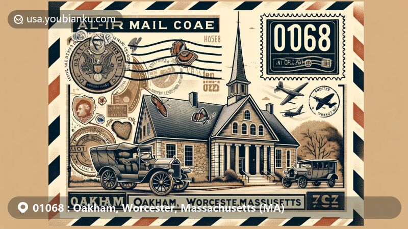 Modern illustration of Oakham, Worcester County, Massachusetts, showcasing postal theme with ZIP code 01068, featuring Fobes Memorial Library and Revolutionary War imagery.