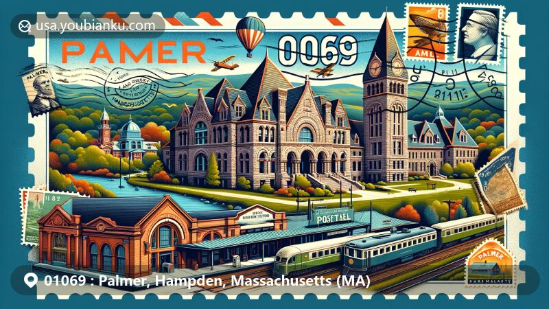 Modern illustration of Palmer, Hampden County, Massachusetts, featuring Palmer Memorial Hall and Union Station, showcasing Romanesque architectural style and historical significance. Includes natural landscape, postal elements like airmail envelope and stamps, and ZIP code 01069 postal cancelation mark.