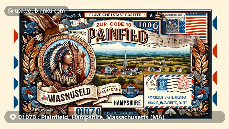 Vintage-style illustration of Plainfield, Hampshire, Massachusetts showcasing rural charm, historical significance, and Massachusetts state symbols, featuring airmail envelope with ZIP code 01070 and postal elements.
