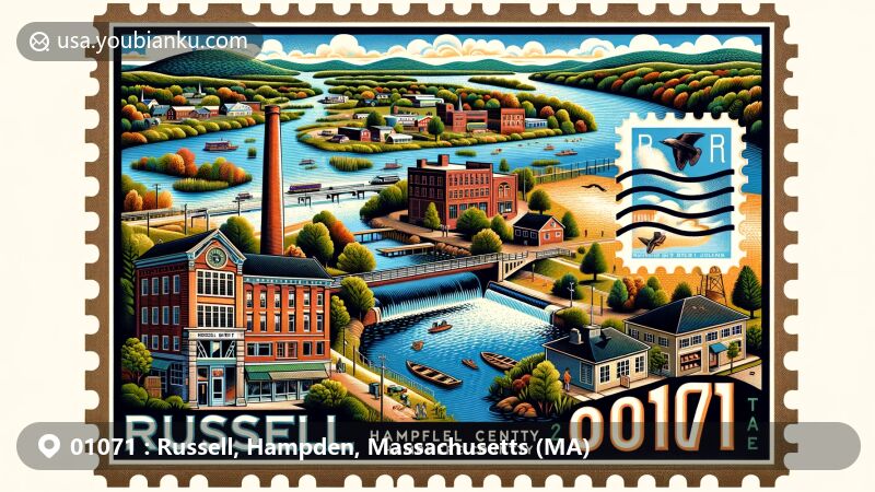 Modern illustration of Russell, Hampden County, Massachusetts, featuring historical and natural elements like Westfield River, paper mills, Berkshire foothills, Russell Pond, and architectural styles in the Russell Center Historic District. Postage stamp area highlights '01071' ZIP code with symbolic image of Russell and postal elements.