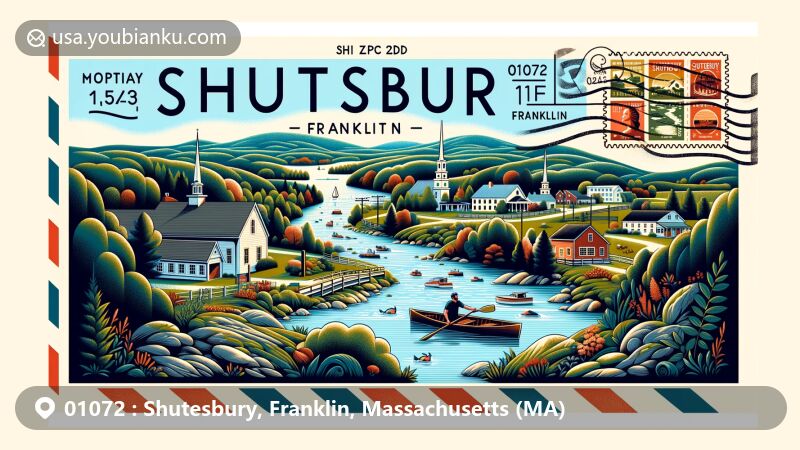 Modern illustration of Shutesbury, Franklin County, Massachusetts, featuring postal theme with ZIP code 01072, showcasing picturesque New England small town with rolling hills, Shutesbury State Forest, and Lake Wyola.