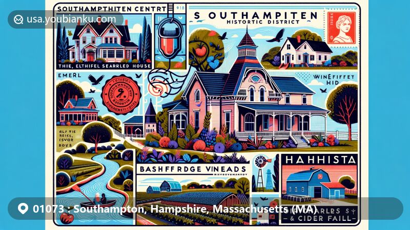 Modern illustration of Southampton Center Historic District in Southampton, Massachusetts, showcasing Ethel Searle House and Winifred Madsen House, along with Glendale Ridge Vineyard, Bashista Orchards and Cider Mill, Bird Haven Blueberry Farm, and postal elements including ZIP Code 01073.