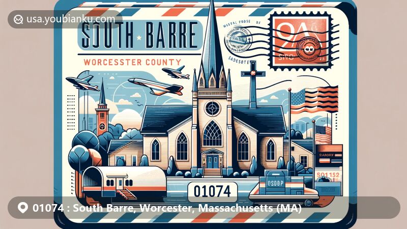 Modern illustration of South Barre, Worcester County, Massachusetts, showcasing postal theme with ZIP code 01074, featuring New Life Assembly-God Church and Worcester County landmarks.