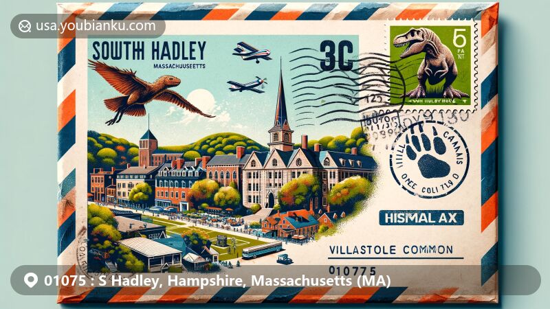 Modern illustration of South Hadley, Massachusetts, highlighting ZIP code 01075, featuring Mount Holyoke College, Nash's Dinosaur Track Quarry, and Village Commons, with airmail envelope and postal elements.