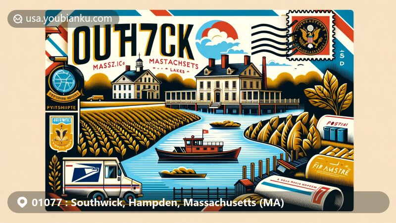 Modern illustration of Southwick, Hampden County, Massachusetts, capturing the charm of Congamond Lakes and Laflin-Phelps Homestead, showcasing tobacco fields and postal theme with ZIP code 01077.