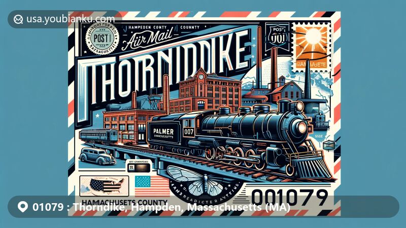 Modern illustration of Thorndike, Hampden County, Massachusetts, showcasing industrial and railroad heritage of Palmer with vintage factory and classic train, incorporating Massachusetts state flag and Hampden County map, featuring postal stamp, postmark, and ZIP code 01079.