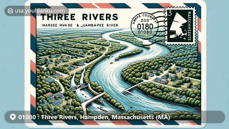 Modern illustration of Three Rivers, MA (ZIP code 01080) with airmail envelope design featuring local rivers and Polish heritage, adorned with US and Massachusetts flags.