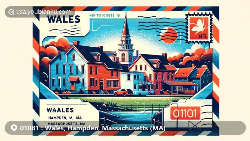 Modern illustration of Wales, Hampden, MA showcasing New England-style architecture and natural scenery, adorned with postal elements, featuring ZIP code 01081.