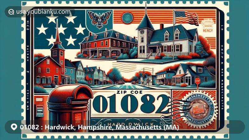 Modern illustration of Hardwick Village Historic District in Hampshire, Massachusetts, capturing New England architecture and charm, with Massachusetts state flag in the background and creative postal elements in the foreground, representing ZIP code 01082.