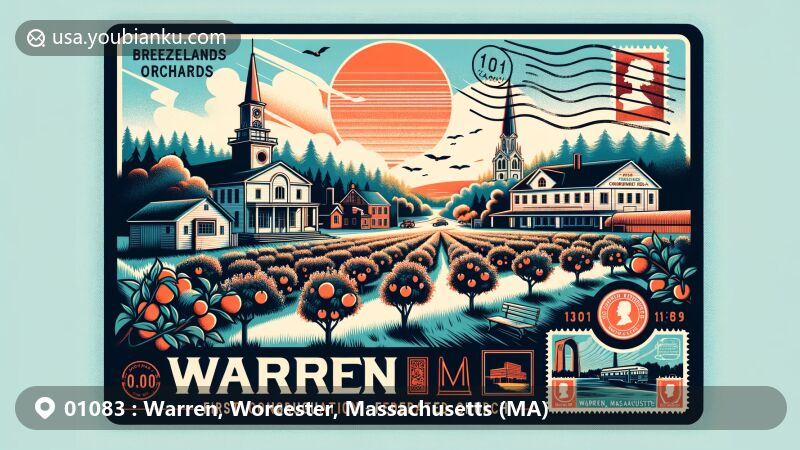 Modern illustration of Warren, Worcester, Massachusetts (MA), capturing idyllic Breezelands Orchards with landmarks like Warren Public Library, Town Hall, and First Congregational Church-Federated Church, adorned with stamps and postmarks.
