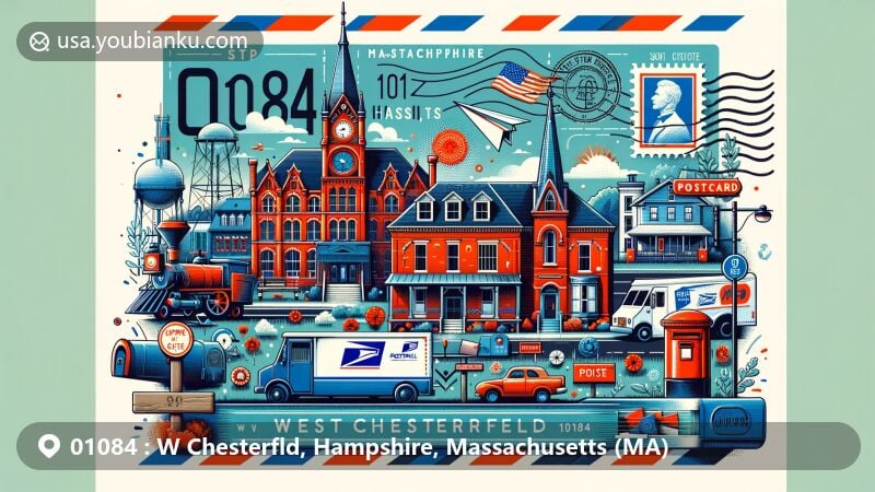 Modern illustration of West Chesterfield Historic District, Hampshire, Massachusetts, showcasing postal theme with ZIP code 01084, featuring stamps, postmark, mailbox, and mail truck.