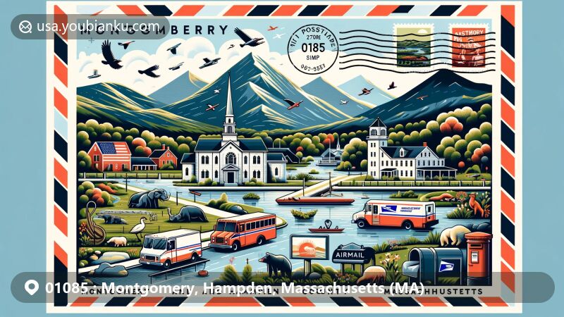 Modern illustration of Montgomery, Hampden County, Massachusetts, highlighting natural beauty and cultural landmarks, with postal theme featuring ZIP code 01085, including stamps, postmark, mailboxes, and postal van.
