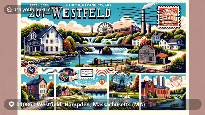 Modern illustration of Westfield, Massachusetts, portraying its unique charm with iconic landmarks like historic whip factories, Westfield River, Hampton Ponds State Park, and Colonial-era Village at Stanley Park. Postal elements such as postbox, postage stamps, and postmark, featuring ZIP code 01086.