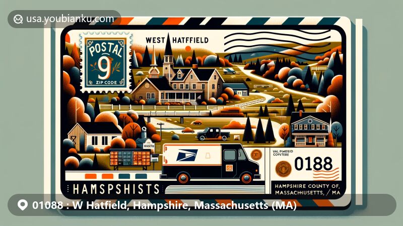 Modern illustration of West Hatfield, Hampshire County, Massachusetts, portraying postal theme with ZIP code 01088, featuring rural and suburban landscapes, distinct seasons, and variable weather patterns.