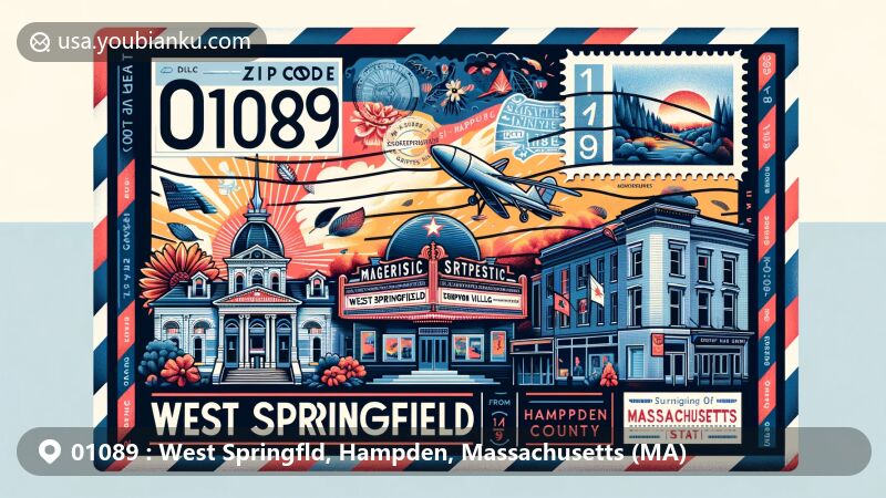 Modern illustration of West Springfield, Hampden County, Massachusetts, resembling an air mail envelope showcasing Majestic Theater, Storrowton Village Museum, Massachusetts state symbols, and ZIP code 01089 design elements.