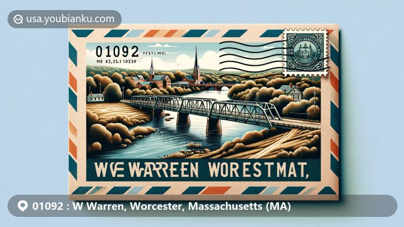 Modern illustration of W Warren, Worcester, Massachusetts, featuring rural landscape with Quaboag River, Crossman Bridge, and postal elements like stamp and ZIP code 01092.