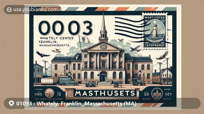 Vintage illustration of Whately, Franklin, Massachusetts, portraying iconic symbols and landmarks of the historic district, Massachusetts state flag, and local museum, all within the postal theme of ZIP code 01093.