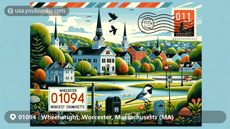 Modern illustration of Wheelwright, Worcester County, Massachusetts, portraying rural village scenery with Boston Public Garden and Harvard University, showcasing state symbols like Black-Capped Chickadee and cranberry juice.