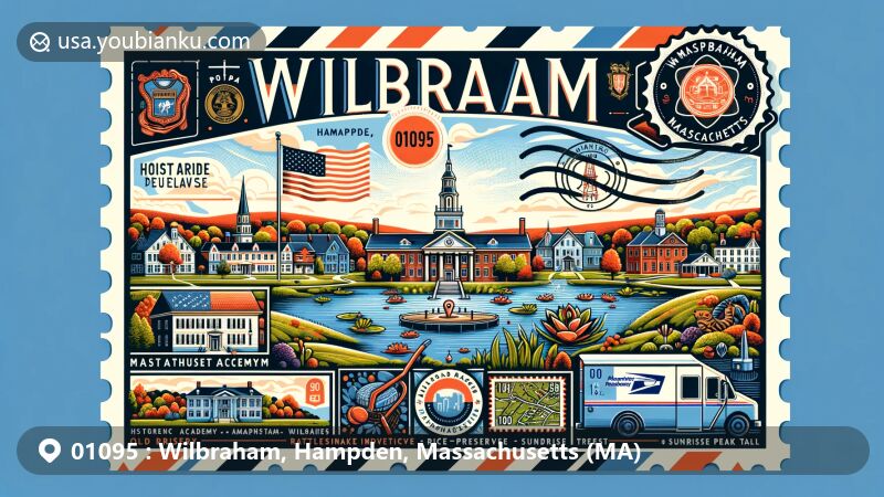 Modern illustration of Wilbraham, Hampden, Massachusetts, featuring Spectacle Pond, historic Academy District with Old Academy and Fisk Hall, and scenic Rattlesnake Peak, integrating Massachusetts state flag, Hampden County map outline, and postal service elements with '01095' postmark.