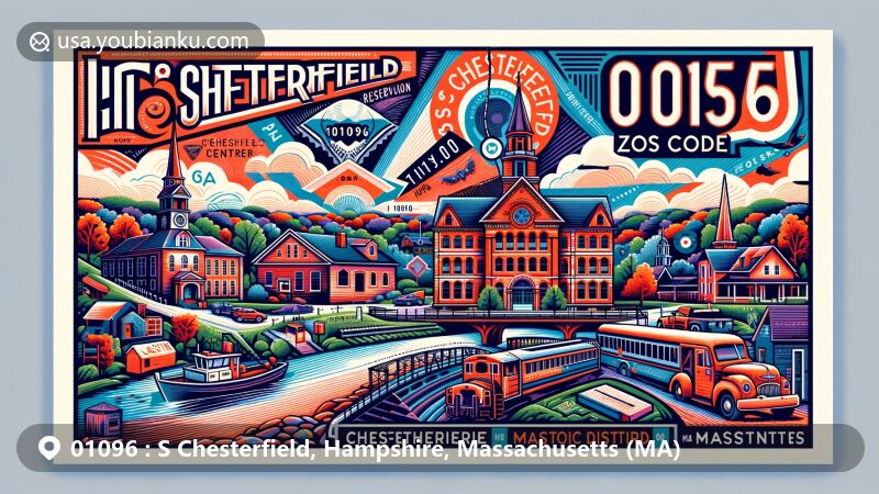Modern illustration of S Chesterfield, Hampshire, Massachusetts, with iconic landmarks like Chesterfield Gorge Reservation, Chesterfield Center Historic District, and West Chesterfield Historic District, showcasing postal theme with ZIP code 01096.