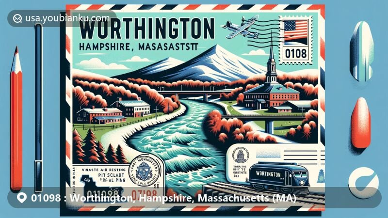 Modern illustration of Worthington, Hampshire, Massachusetts, featuring scenic Westfield River and snowy hills, with vintage air mail envelope and Massachusetts state symbols.