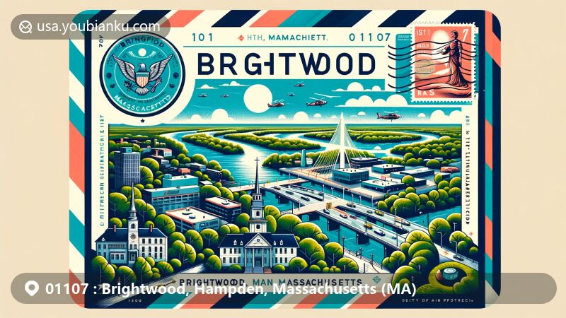 Modern illustration of Brightwood, Hampden County, Massachusetts, resembling an airmail envelope with iconic landmarks, including the Connecticut River, Josiah Day House, Mercy Medical Center, Memorial Square, Forest Park, and postal elements.