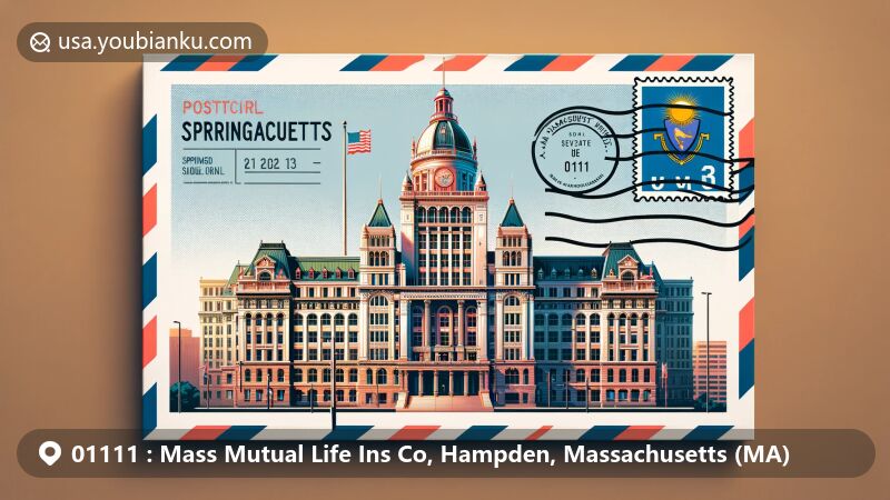 Modern illustration of the historic Mass Mutual Life Insurance Building in Springfield, Massachusetts, showcasing classical revival architectural style and the state flag, emphasizing its historical significance and controversy, presented in the form of a postcard or airmail envelope with stamps, postmarks, and ZIP code '01111'. Vibrant and eye-catching design suitable for web display, avoiding any negative stereotypes or sensitive topics.