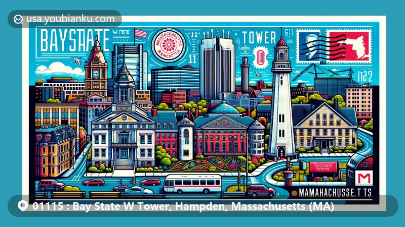 Modern illustration of Bay State W Tower, Hampden, Massachusetts (MA), featuring iconic landmarks and symbols like Tower Square, Longfellow mansion, MIT, Massachusetts State House, state seal, Mayflower, and 'The Bay State' nickname.