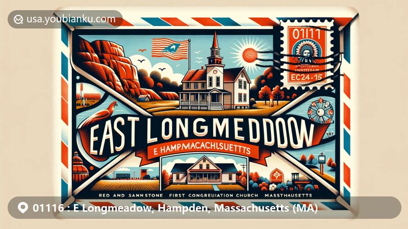 Vintage-style airmail envelope illustration representing ZIP code 01116, East Longmeadow, Hampden, MA, showcasing red and brown sandstone quarries, Elijah Burt House, First Congregational Church, and Massachusetts state symbols.