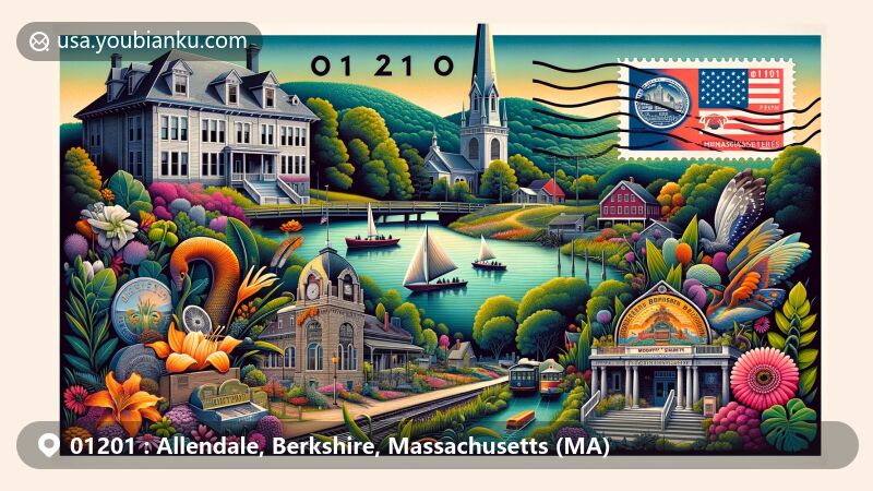 Modern postcard illustration of Pittsfield, Berkshire County, Massachusetts, showcasing iconic landmarks like Herman Melville's Arrowhead and Berkshire Botanical Garden, along with postal elements such as vintage stamp with state flag and classic red mailbox.