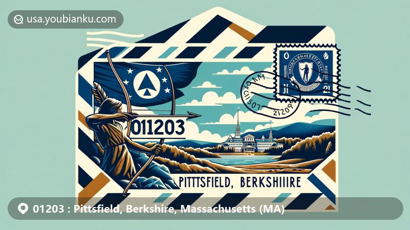 Modern illustration of Pittsfield, Berkshire, Massachusetts, highlighting Herman Melville’s Arrowhead and Berkshire Hills, incorporating Massachusetts state flag with Native American motif and star, designed in airmail envelope style, featuring ZIP code 01203.