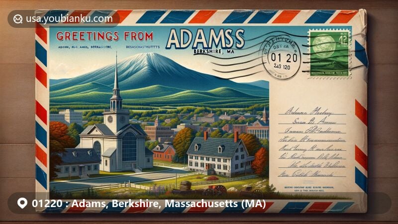 Modern illustration of Adams, Berkshire, Massachusetts, showcasing vintage airmail envelope with ZIP code 01220, featuring Mount Greylock, Susan B. Anthony Birthplace Museum, and Quaker Meeting House.