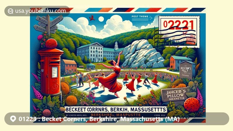 Modern illustration of Becket Corners, Berkshire, Massachusetts, featuring Jacob’s Pillow Dance Festival in a forested setting, with Chester-Hudson Granite Quarry in the background, postal elements like vintage airmail envelope, ZIP code 01223, and classic red mailbox.