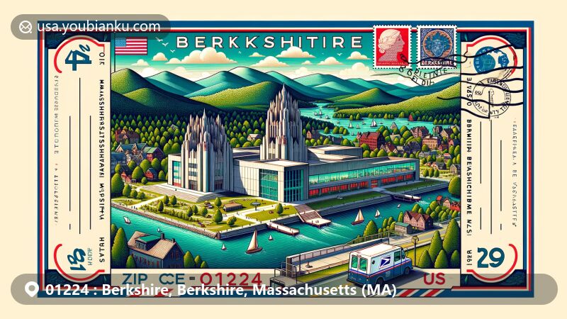 Modern illustration of Berkshire, Massachusetts, showcasing MASS MoCA and natural beauty with serene mountains, lush forests, and clear lakes, featuring elements from the Massachusetts state flag and postal motifs.