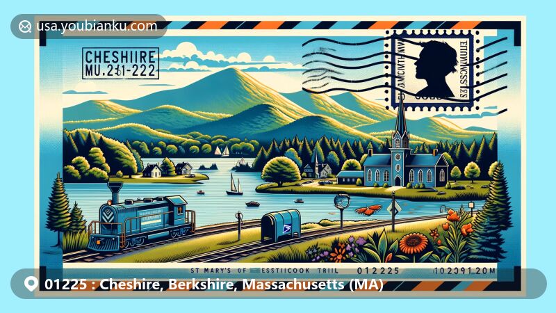 Modern illustration of Cheshire, Massachusetts, showcasing postal theme with ZIP code 01225, featuring Mount Greylock, Hoosac Range, Ashuwillticook Rail Trail, Cheshire Lake, and St Mary's of the Assumption Church.