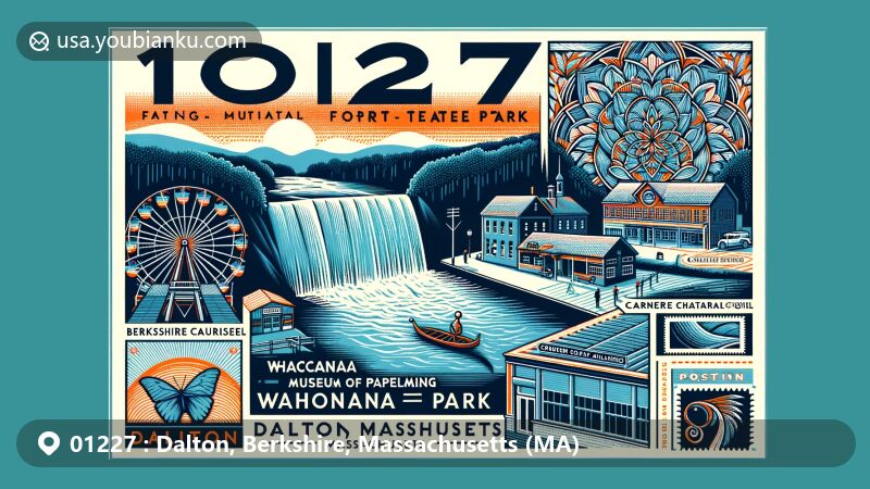 Modern illustration showcasing postal theme with ZIP code 01227, featuring Wahconah Falls State Park, Crane Museum of Papermaking, Berkshire Carousel, and cultural elements from Dalton, Massachusetts.