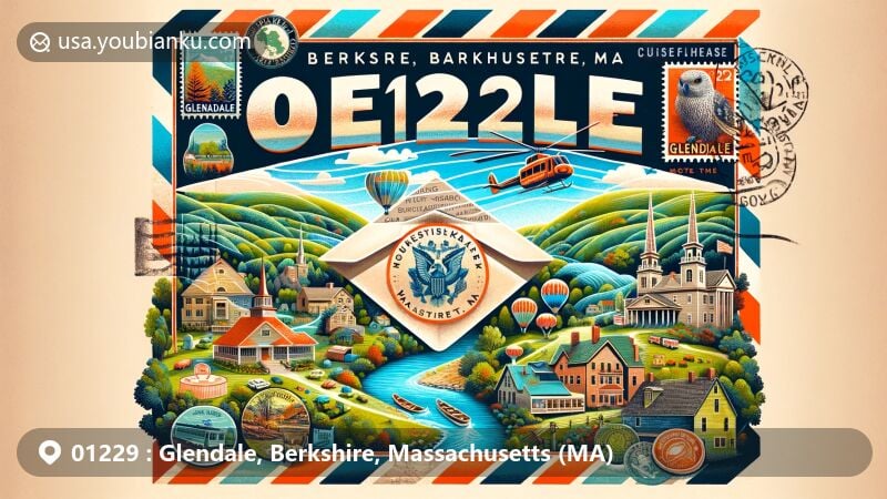 Vibrant illustration of Glendale, Berkshire, Massachusetts depicting postal theme with ZIP code 01229, showcasing Housatonic River, Chesterwood, Hancock Shaker Village, and Mount Greylock.