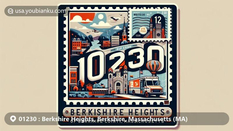 Modern illustration of Berkshire Heights, Berkshire County, Massachusetts, highlighting ZIP code 01230, featuring iconic symbols of Great Barrington and postal elements like stamps and mailboxes.