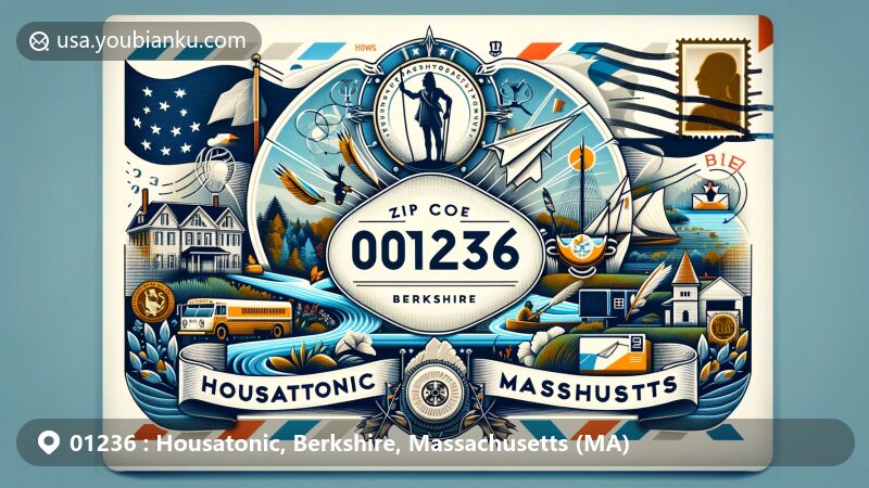 Modern illustration of Housatonic area, Berkshire County, Massachusetts, highlighting ZIP code 01236, featuring Housatonic River, Massachusetts state flag, and postal elements.