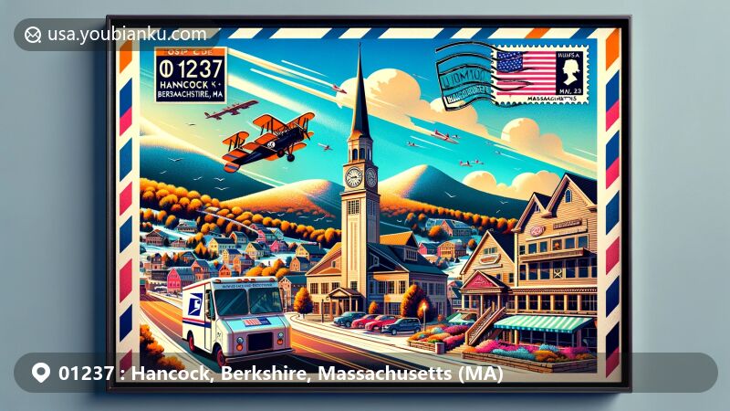 Vibrant illustration of Hancock, Berkshire, Massachusetts, portraying vintage airmail theme with ZIP code 01237, featuring Jiminy Peak Mountain Resort and Hancock Shaker Village.