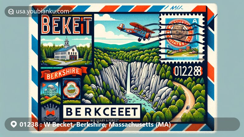 Vibrant illustration of W Becket, Berkshire, Massachusetts, showcasing Becket Historic Quarry & Forest with granite quarry, lush greenery, trails, and a map, combined with postal elements like vintage stamp, postmark with ZIP code 01238, and red and blue airmail border.